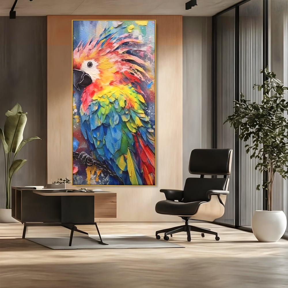 Tablou canvas cu tablou canvas cu papagal colorat, in rama de aluminiu auriu, pe perete intr-un birou